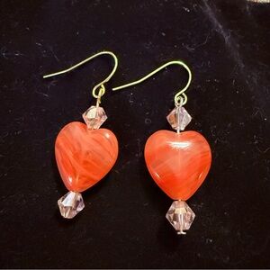 Heart-Shaped Coral Color Art Glass Earrings